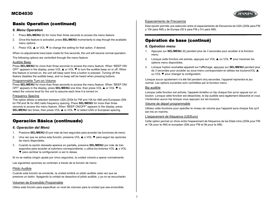 Opération menu, Basic operation (continued), Menu operation | Operación básica (continuado), Operación del menú, Mcd4030, Opération de base (continué) | Jensen Tools MCD4030 User Manual | Page 7 / 15