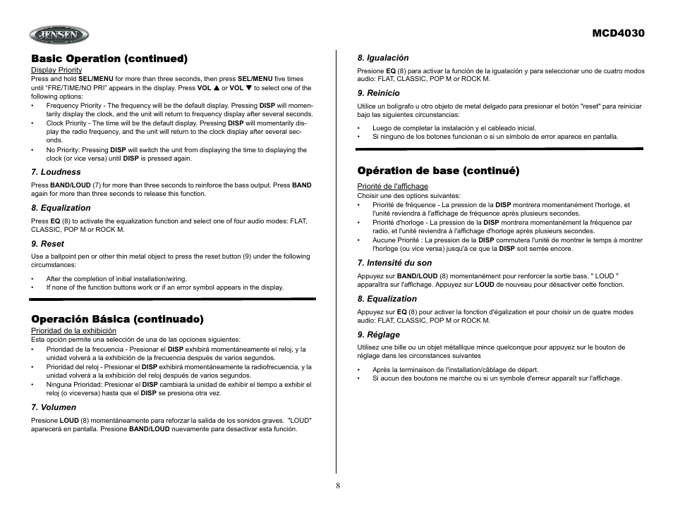 Basic operation (continued), Loudness, Equalization | Reset, Operación básica (continuado), Volumen, Igualación, Reinicio, Intensité du son, Réglage | Jensen Tools MCD4030 User Manual | Page 8 / 15