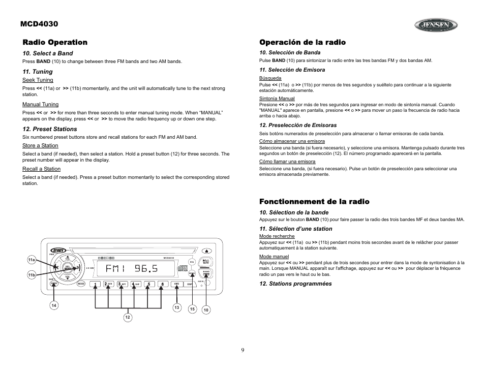 Radio operation, Select a band, Tuning | Preset stations, Operación de la radio, Selección de banda, Selección de emisora, Preselección de emisoras, Fonctionnement de la radio, Sélection de la bande | Jensen Tools MCD4030 User Manual | Page 9 / 15