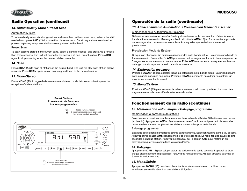 Radio operation (continued), Automatically store / preset scan, Scan | Mono/stereo, Operación de la radio (continuado), Exploración (escaneo), Mono/estéreo, Mémorisation automatique / balayage programmé, Balayage, Mono/stéréo | Jensen Tools MCD5050 User Manual | Page 10 / 15
