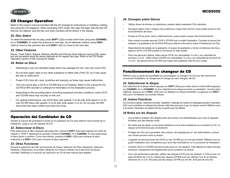Cd changer operation, Disc select, Other features | Notes on discs, Operación del cambiador de cd, Otras funciones, Consejos sobre discos, Fonctionnement de changeur de cd, Sélectionner le disque, Autres fonctions | Jensen Tools MCD5050 User Manual | Page 12 / 15