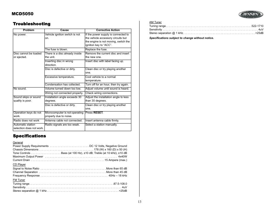 Troubleshooting, Mcd5050, Troubleshooting specifications | Jensen Tools MCD5050 User Manual | Page 13 / 15