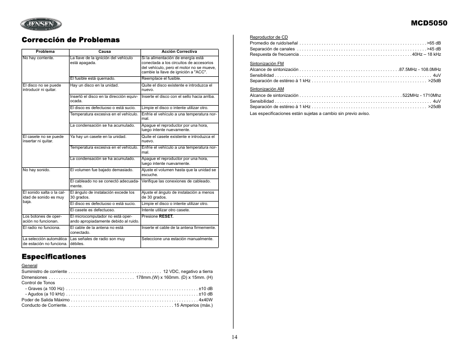 Mcd5050, Corrección de problemas especificationes | Jensen Tools MCD5050 User Manual | Page 14 / 15
