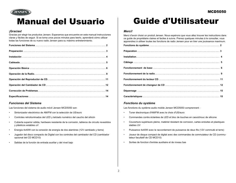 Funciones del sistema, Merci, Fonctions du système | Manual del usuario guide d'utilisateur, Mcd5050 | Jensen Tools MCD5050 User Manual | Page 2 / 15