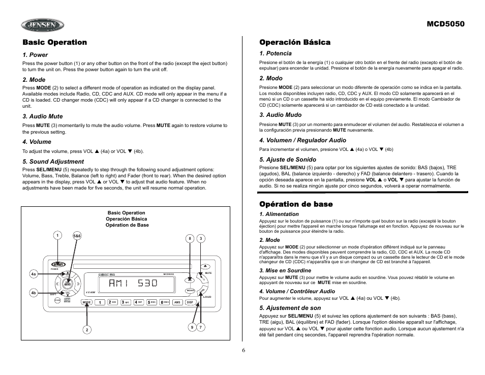 Basic operation, Power, Mode | Audio mute, Volume, Sound adjustment, Operación básica, Potencia, Modo, Audio mudo | Jensen Tools MCD5050 User Manual | Page 6 / 15