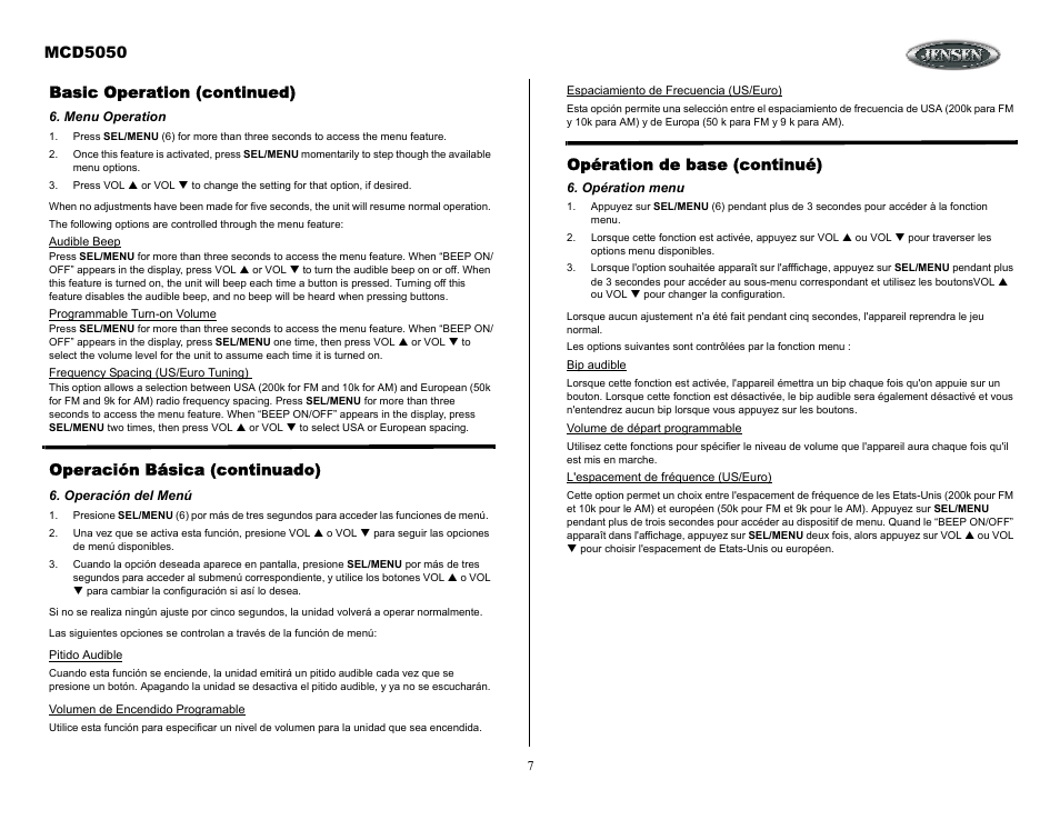 Opération menu, Basic operation (continued), Menu operation | Operación básica (continuado), Operación del menú, Mcd5050, Opération de base (continué) | Jensen Tools MCD5050 User Manual | Page 7 / 15