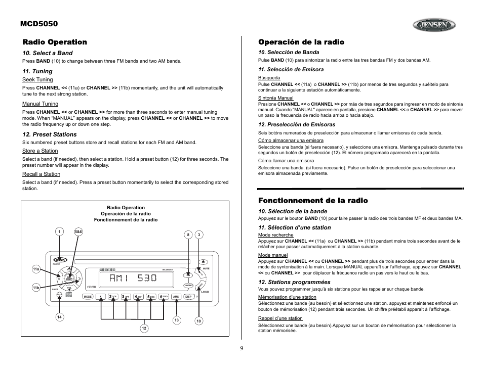 Radio operation, Select a band, Tuning | Preset stations, Operación de la radio, Selección de banda, Selección de emisora, Preselección de emisoras, Fonctionnement de la radio, Sélection de la bande | Jensen Tools MCD5050 User Manual | Page 9 / 15