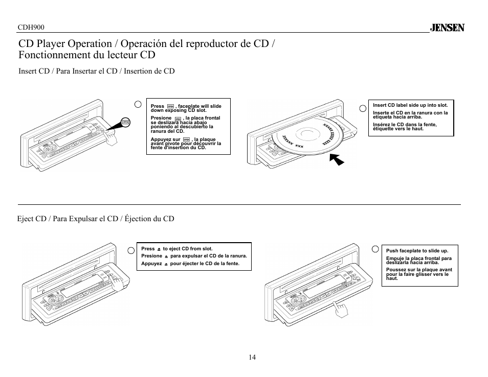 Insert cd / para insertar el cd / insertion de cd, Eject cd / para expulsar el cd / éjection du cd | Jensen Tools CDH900 User Manual | Page 14 / 19