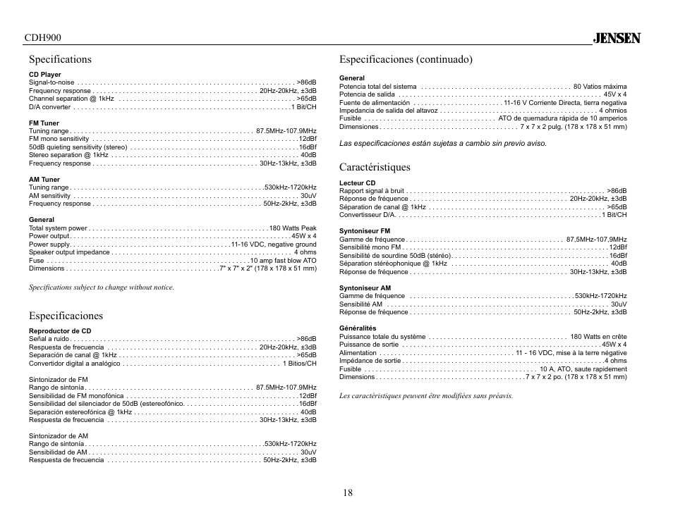 Specifications, Especificaciones, Especificaciones (continuado) | Caractéristiques | Jensen Tools CDH900 User Manual | Page 18 / 19