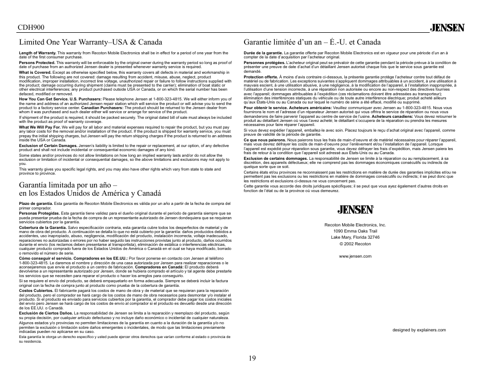 Limited one year warranty–usa & canada, Garantie limitée d’un an – é.-u. et canada | Jensen Tools CDH900 User Manual | Page 19 / 19