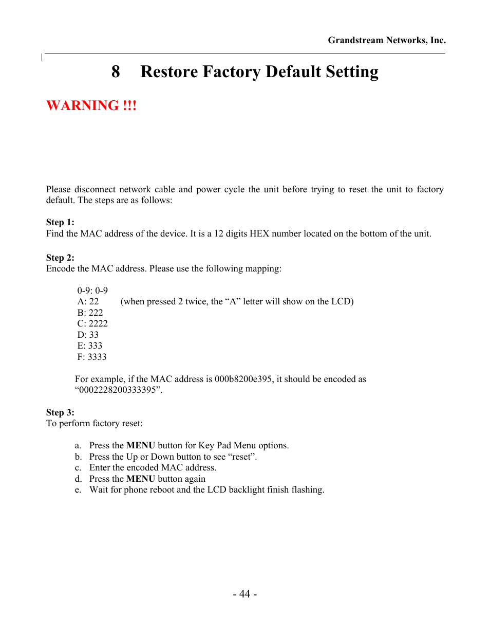 8 restore factory default setting, Warning | Jensen Tools 100 Sereis User Manual | Page 44 / 53