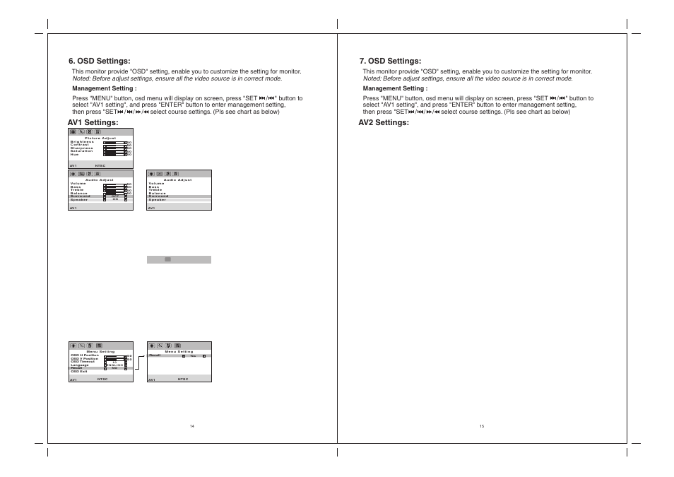 Av1 settings: 6. osd settings, Av2 settings: 7. osd settings | Jensen Tools JE2369 User Manual | Page 10 / 13