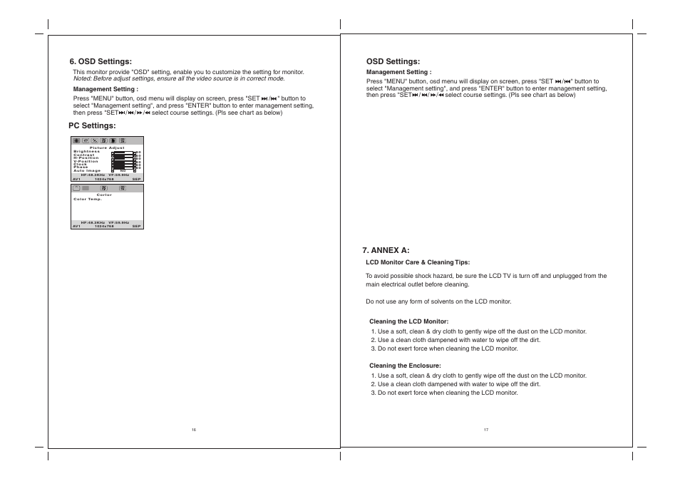 Annex a, Pc settings: 6. osd settings, Osd settings | Jensen Tools JE2369 User Manual | Page 11 / 13