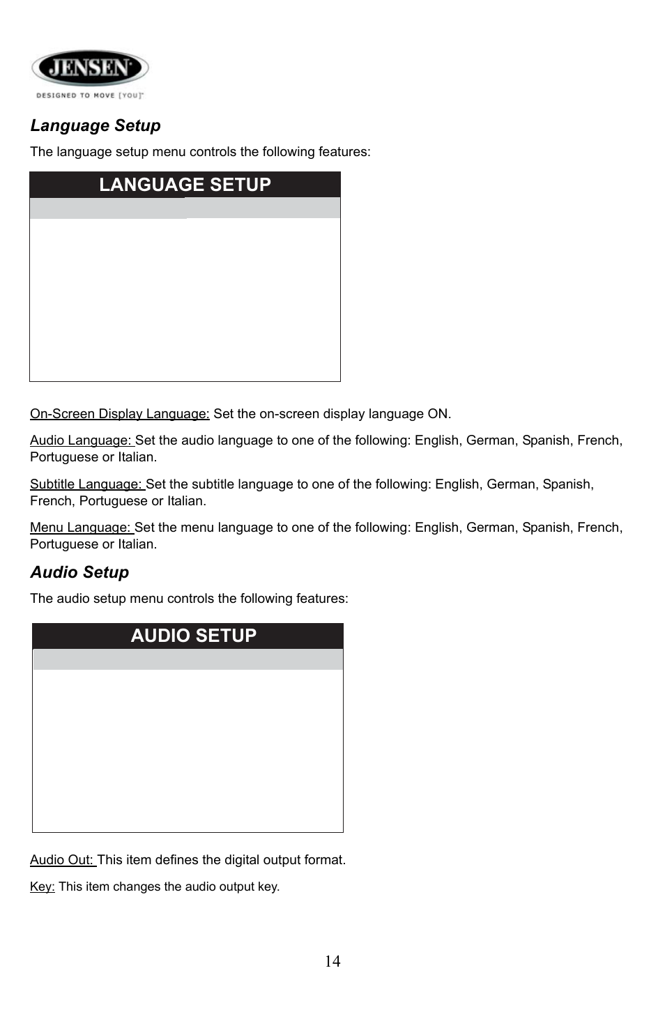 Language setup, Audio setup | Jensen Tools AWM 960 User Manual | Page 14 / 16