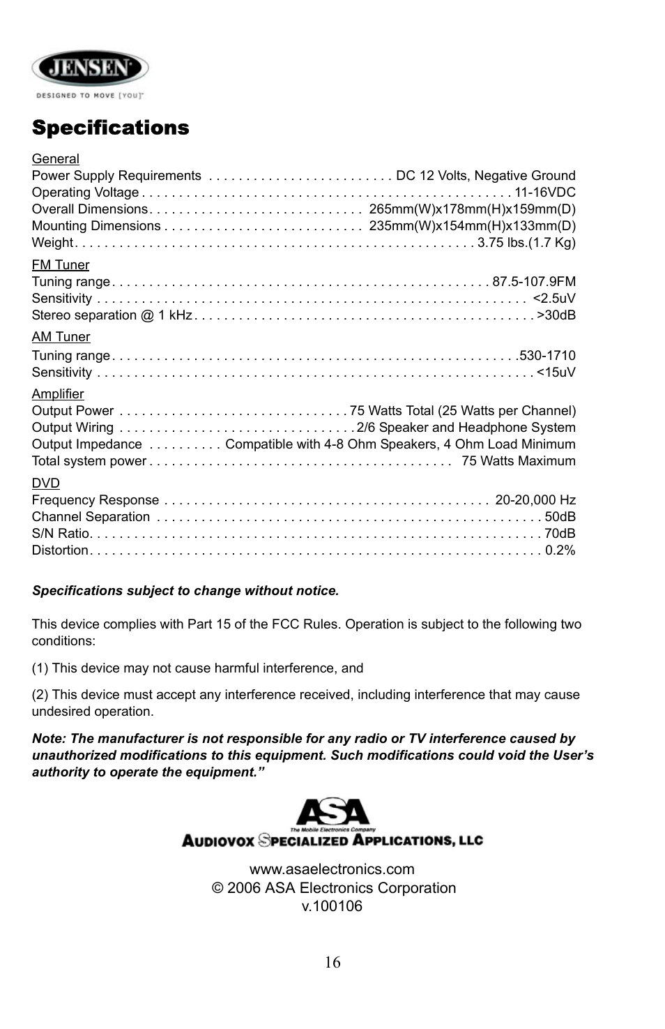Specifications | Jensen Tools AWM 960 User Manual | Page 16 / 16