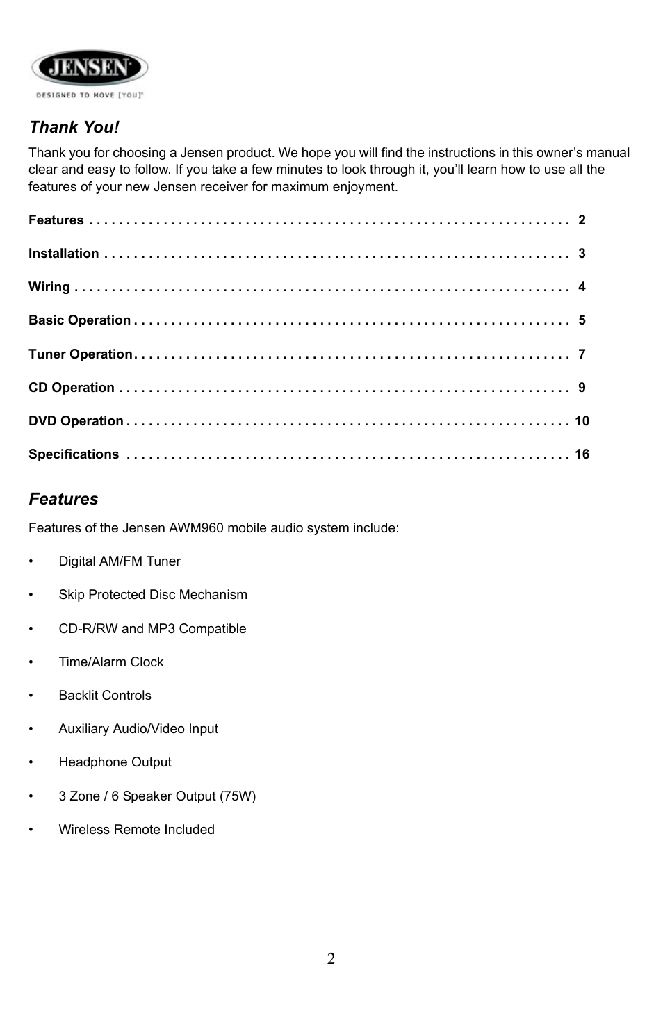 Thank you, Features | Jensen Tools AWM 960 User Manual | Page 2 / 16