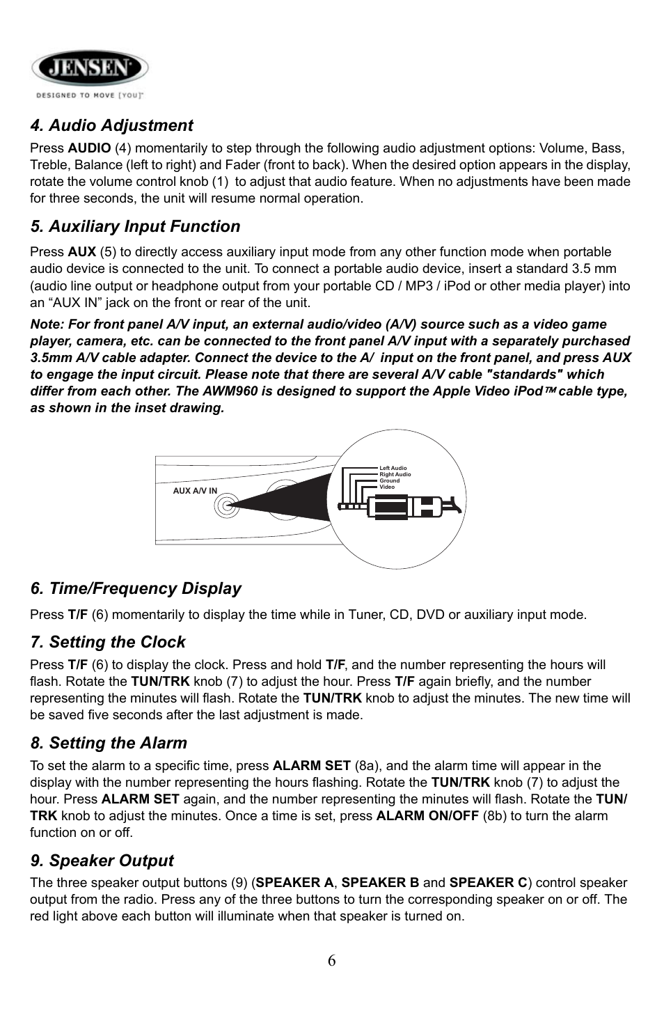 Audio adjustment, Auxiliary input function, Time/frequency display | Setting the clock, Setting the alarm, Speaker output | Jensen Tools AWM 960 User Manual | Page 6 / 16