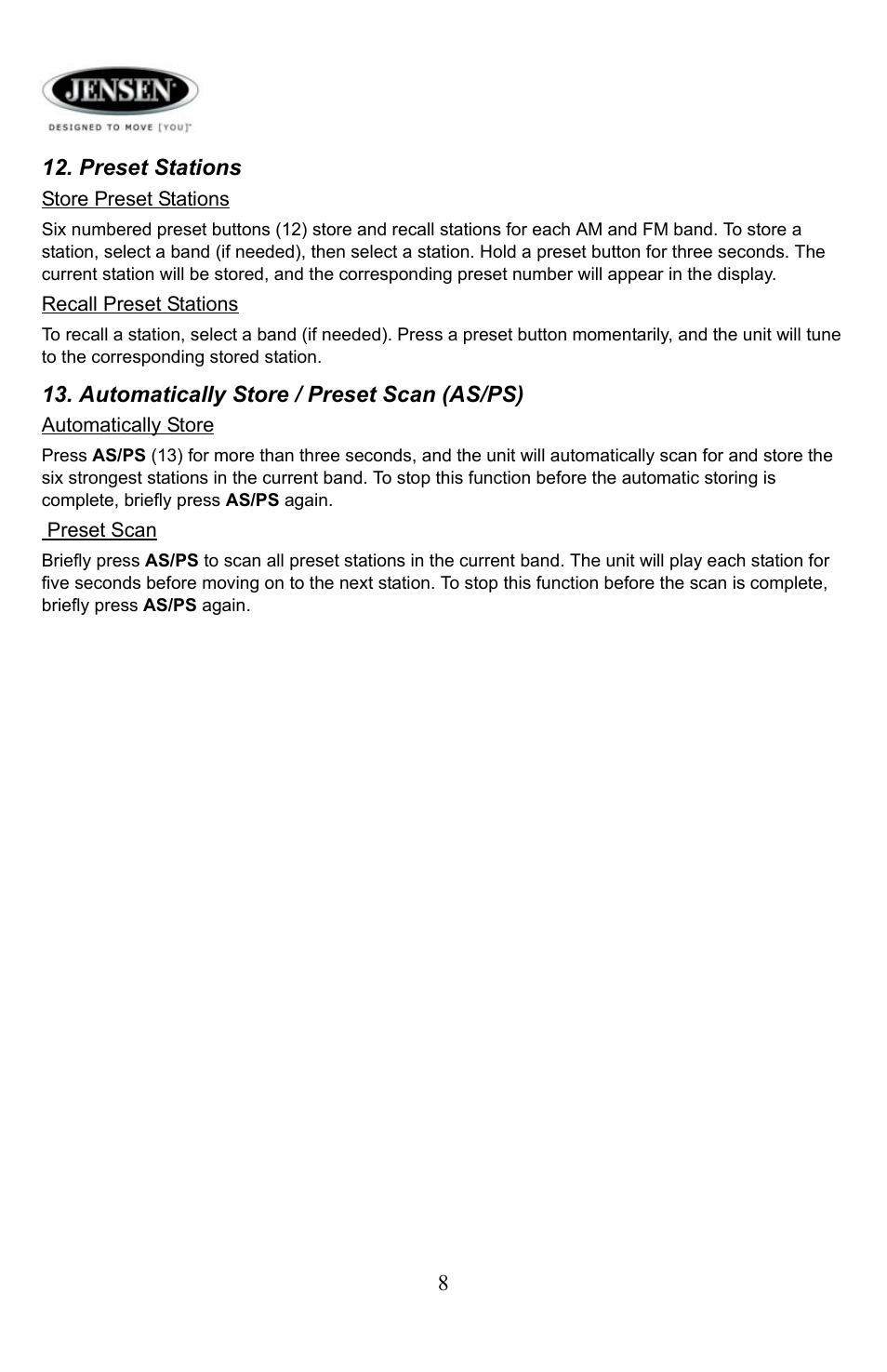 Preset stations, Automatically store / preset scan (as/ps) | Jensen Tools AWM 960 User Manual | Page 8 / 16