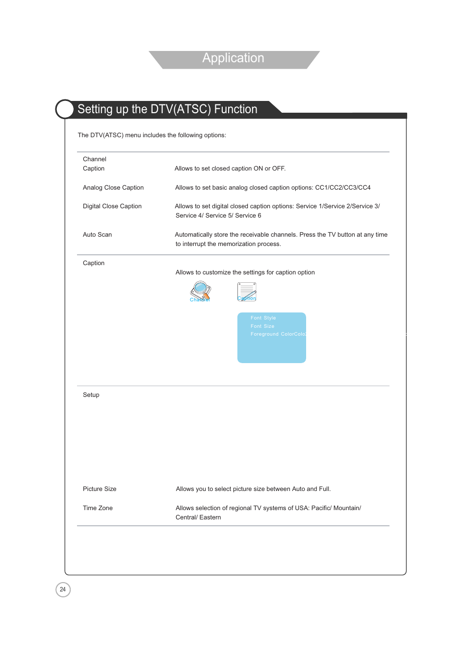 Application, Setting up the dtv(atsc) function | Jensen Tools JE3208 User Manual | Page 24 / 40