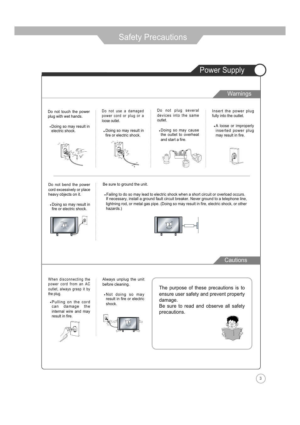 Safety precautions, Power supply, Cautions warnings | Jensen Tools JE3208 User Manual | Page 3 / 40