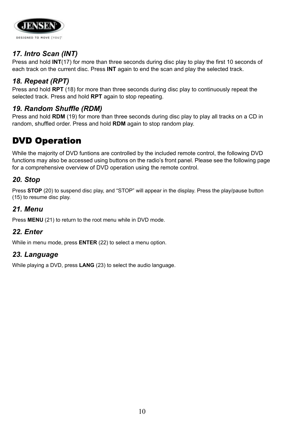Dvd operation, Stop, Menu | Enter, Language | Jensen Tools Media PRO 5000 User Manual | Page 10 / 16