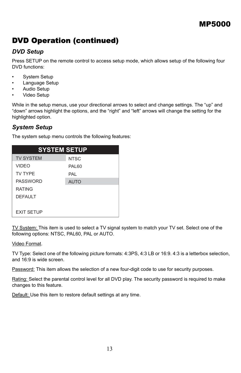 Dvd operation (continued), Dvd setup, System setup | Mp5000 | Jensen Tools Media PRO 5000 User Manual | Page 13 / 16