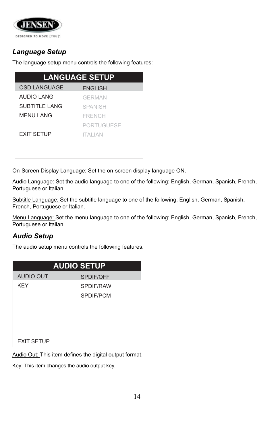 Language setup, Audio setup | Jensen Tools Media PRO 5000 User Manual | Page 14 / 16
