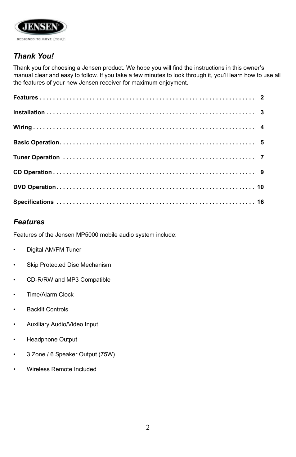 Thank you, Features | Jensen Tools Media PRO 5000 User Manual | Page 2 / 16