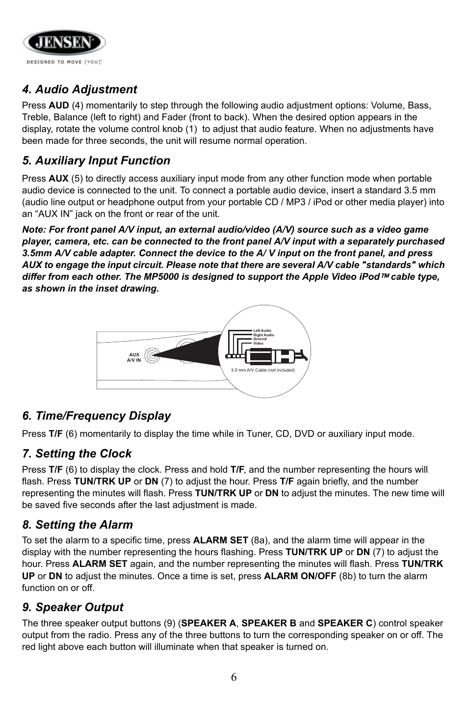 Audio adjustment, Auxiliary input function, Time/frequency display | Setting the clock, Setting the alarm, Speaker output | Jensen Tools Media PRO 5000 User Manual | Page 6 / 16