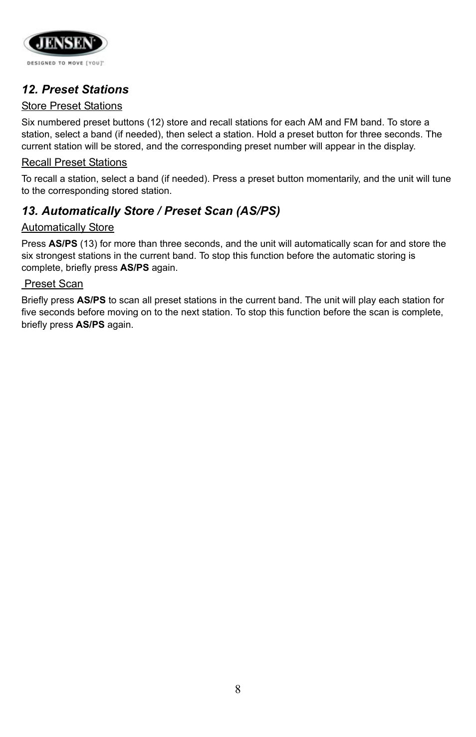 Preset stations, Automatically store / preset scan (as/ps) | Jensen Tools Media PRO 5000 User Manual | Page 8 / 16