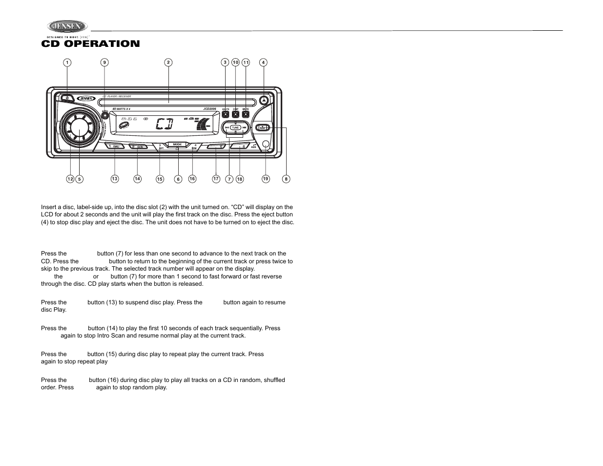 Jcd2006, Cd operation, Insert and eject disc | Controlling disc playback | Jensen Tools JCD2006 User Manual | Page 8 / 10