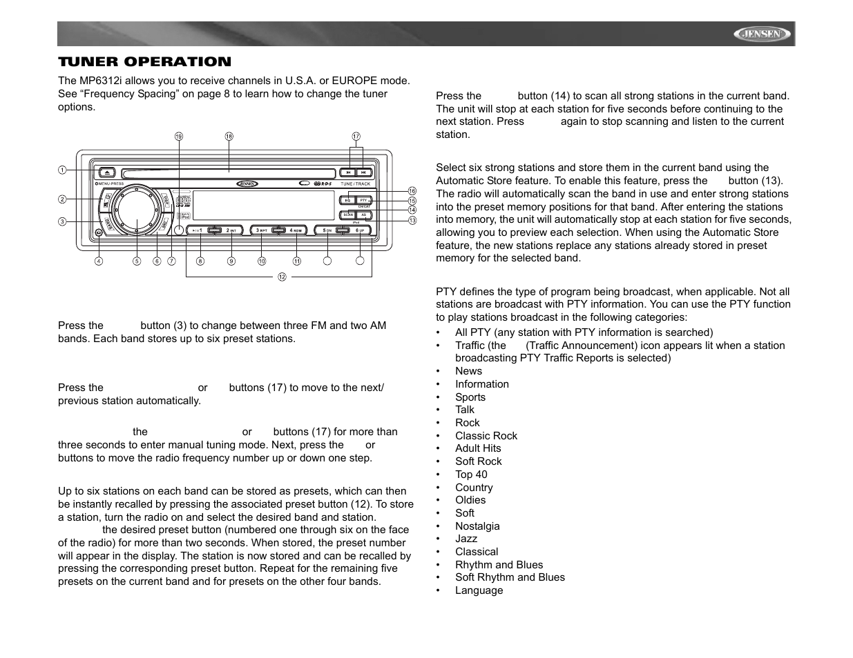 Mp6312i, Tuner operation, Mosfet powered | Ready | Jensen Tools MP6312 User Manual | Page 11 / 26