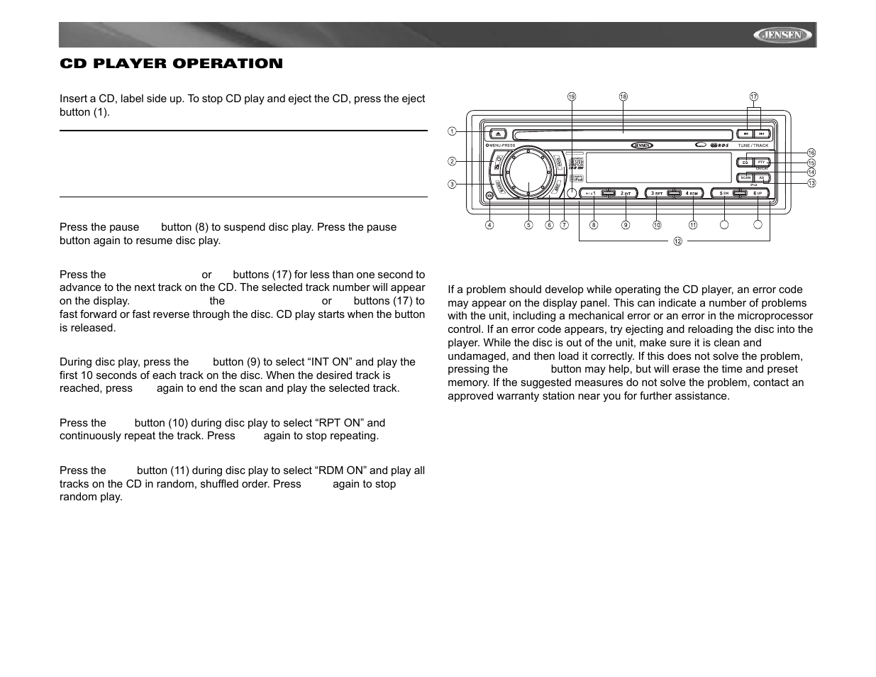 Mp6312i, Cd player operation, Mosfet powered | Ready | Jensen Tools MP6312 User Manual | Page 13 / 26