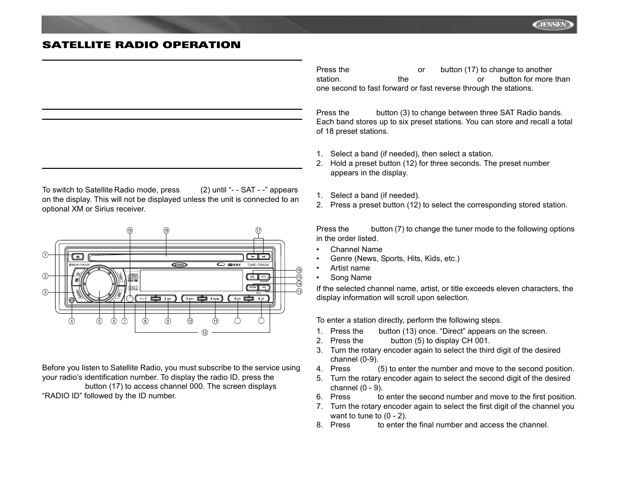 Mp6312i, Satellite radio operation, Mosfet powered | Ready | Jensen Tools MP6312 User Manual | Page 17 / 26