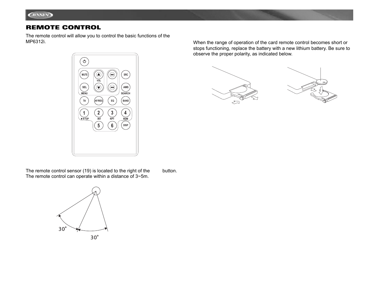 Mp6312i, Remote control | Jensen Tools MP6312 User Manual | Page 20 / 26