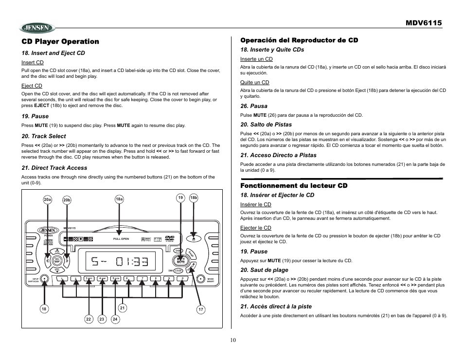 Cd player operation, Insert and eject cd, Pause | Track select, Direct track access, Operación del reproductor de cd, Inserte y quite cds, Pausa, Salto de pistas, Acceso directo a pistas | Jensen Tools MDV6115 User Manual | Page 10 / 21