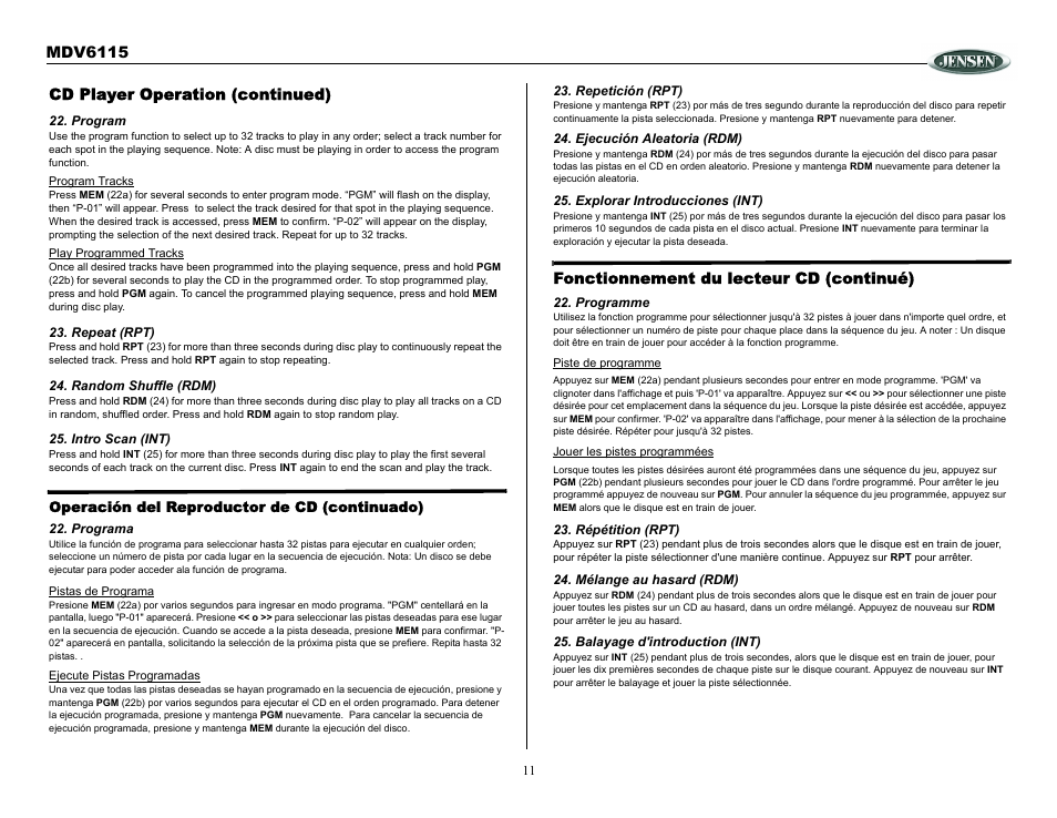 Cd player operation (continued), Program, Repeat (rpt) | Random shuffle (rdm), Intro scan (int), Operación del reproductor de cd (continuado), Programa, Repetición (rpt), Ejecución aleatoria (rdm), Explorar introducciones (int) | Jensen Tools MDV6115 User Manual | Page 11 / 21