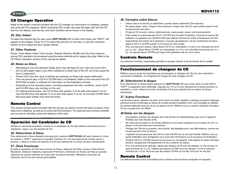 Cd changer operation, Disc select, Other features | Notes on discs, Remote control, Operación del cambiador de cd, Otras funciones, Consejos sobre discos, Controlo remoto, Fonctionnement de changeur de cd | Jensen Tools MDV6115 User Manual | Page 12 / 21