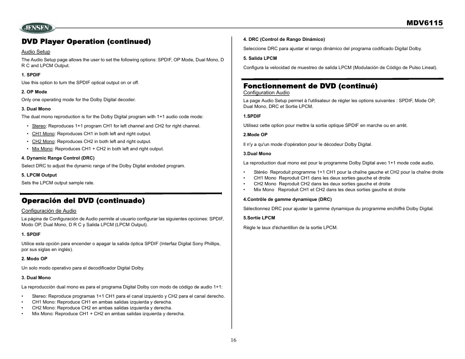 Dvd player operation (continued), Operación del dvd (continuado), Fonctionnement de dvd (continué) | Mdv6115 | Jensen Tools MDV6115 User Manual | Page 16 / 21