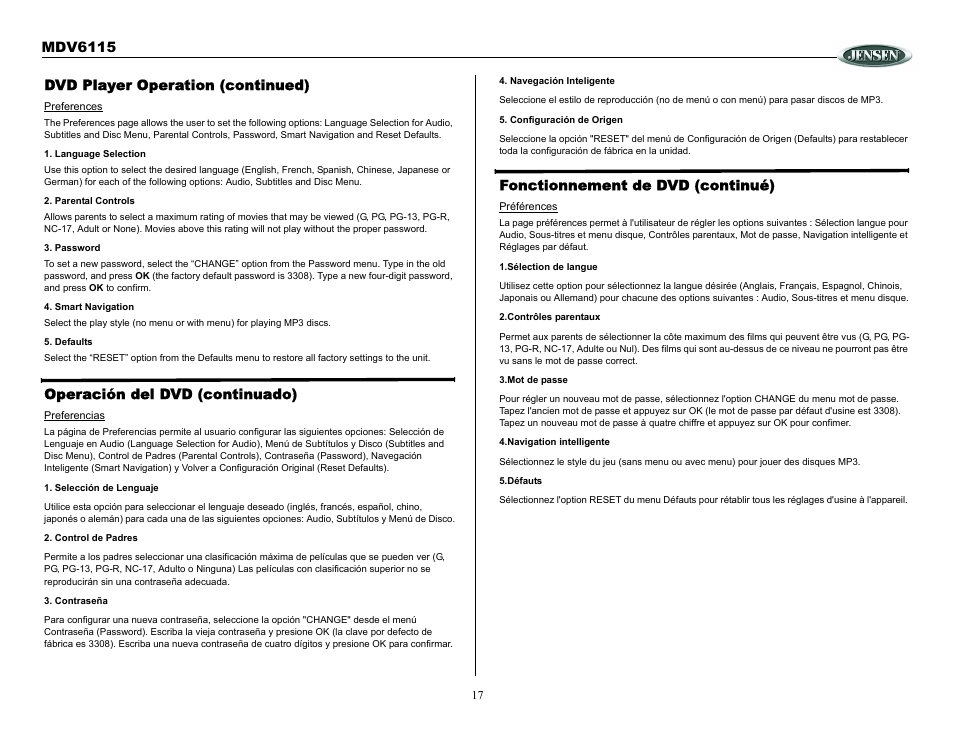 Dvd player operation (continued), Operación del dvd (continuado), Fonctionnement de dvd (continué) | Mdv6115 | Jensen Tools MDV6115 User Manual | Page 17 / 21