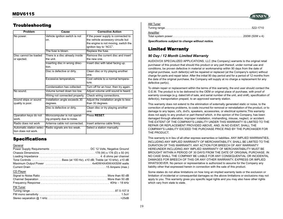 Troubleshooting, 90 day / 12 month limited warranty, Mdv6115 | Troubleshooting specifications, Limited warranty | Jensen Tools MDV6115 User Manual | Page 19 / 21