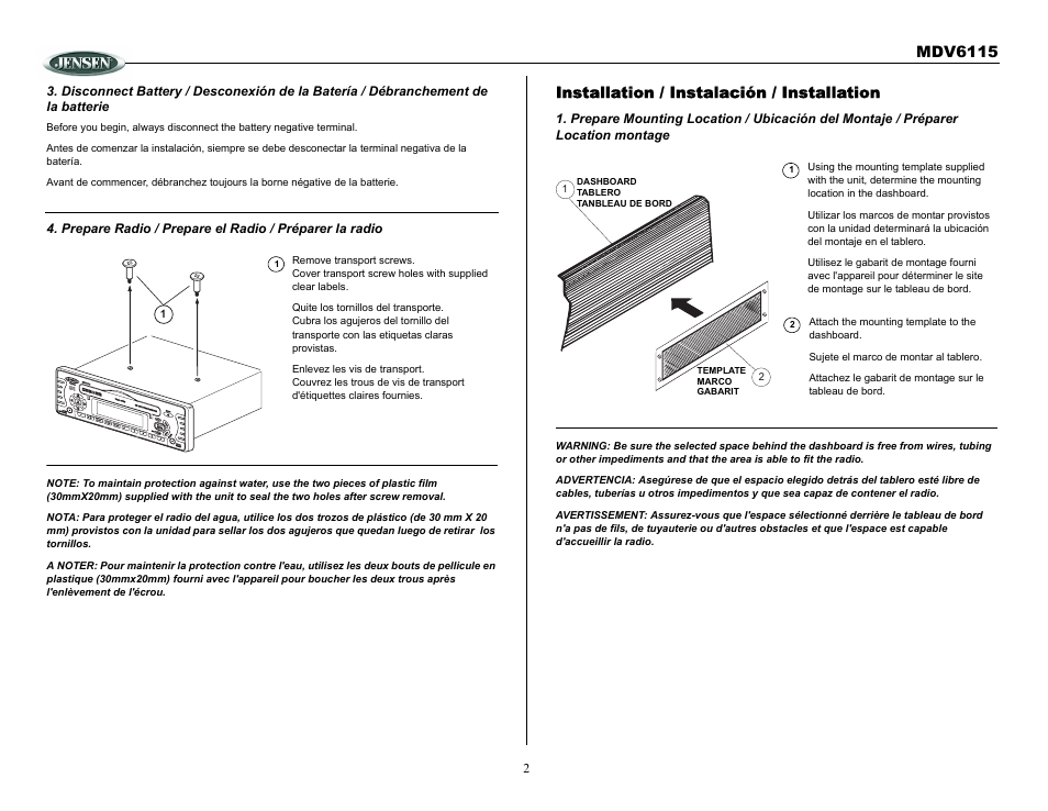 Installation / instalación / installation | Jensen Tools MDV6115 User Manual | Page 2 / 21