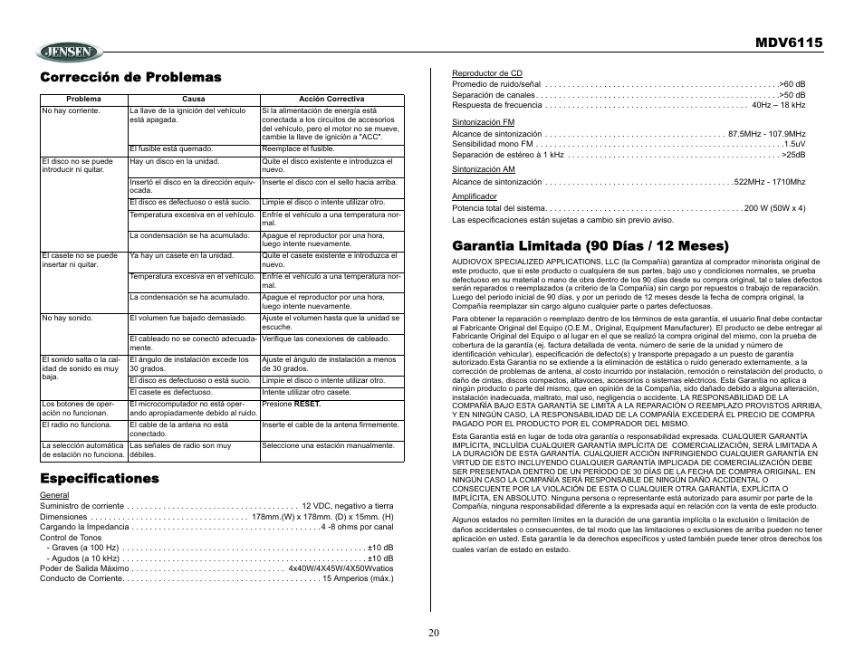 Garantia limitada (90 días / 12 meses), Mdv6115, Corrección de problemas especificationes | Jensen Tools MDV6115 User Manual | Page 20 / 21