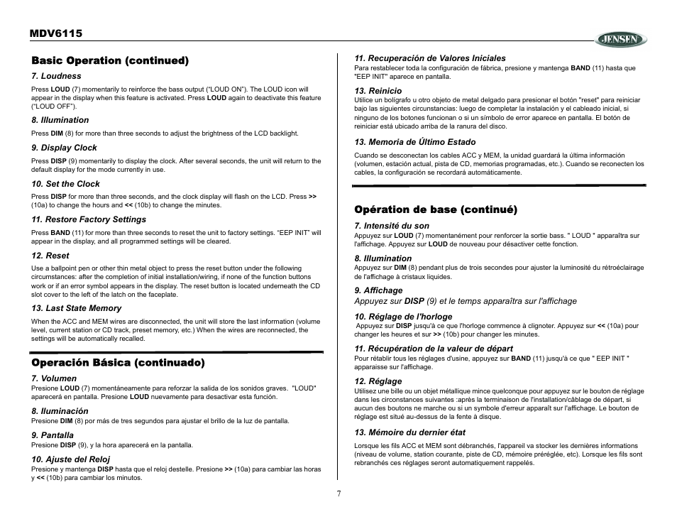 Basic operation (continued), Loudness, Illumination | Display clock, Set the clock, Restore factory settings, Reset, Last state memory, Volumen, Iluminación | Jensen Tools MDV6115 User Manual | Page 7 / 21