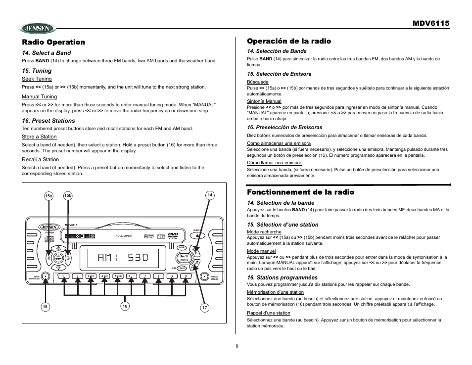 Radio operation, Select a band, Tuning | Preset stations, Operación de la radio, Selección de banda, Selección de emisora, Preselección de emisoras, Fonctionnement de la radio, Sélection de la bande | Jensen Tools MDV6115 User Manual | Page 8 / 21