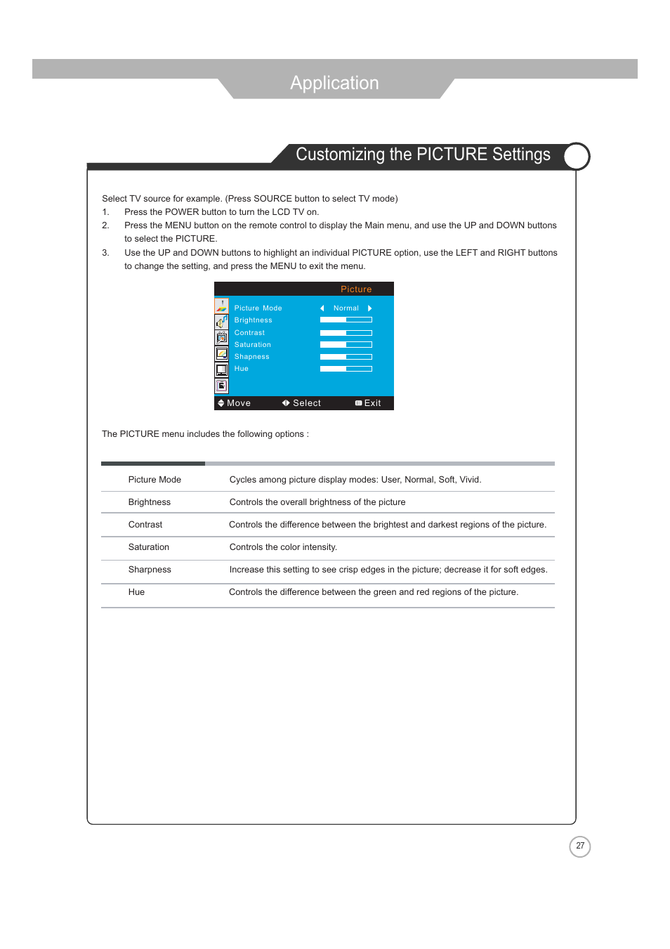 Application, Customizing the picture settings | Jensen Tools JE2608 User Manual | Page 27 / 40