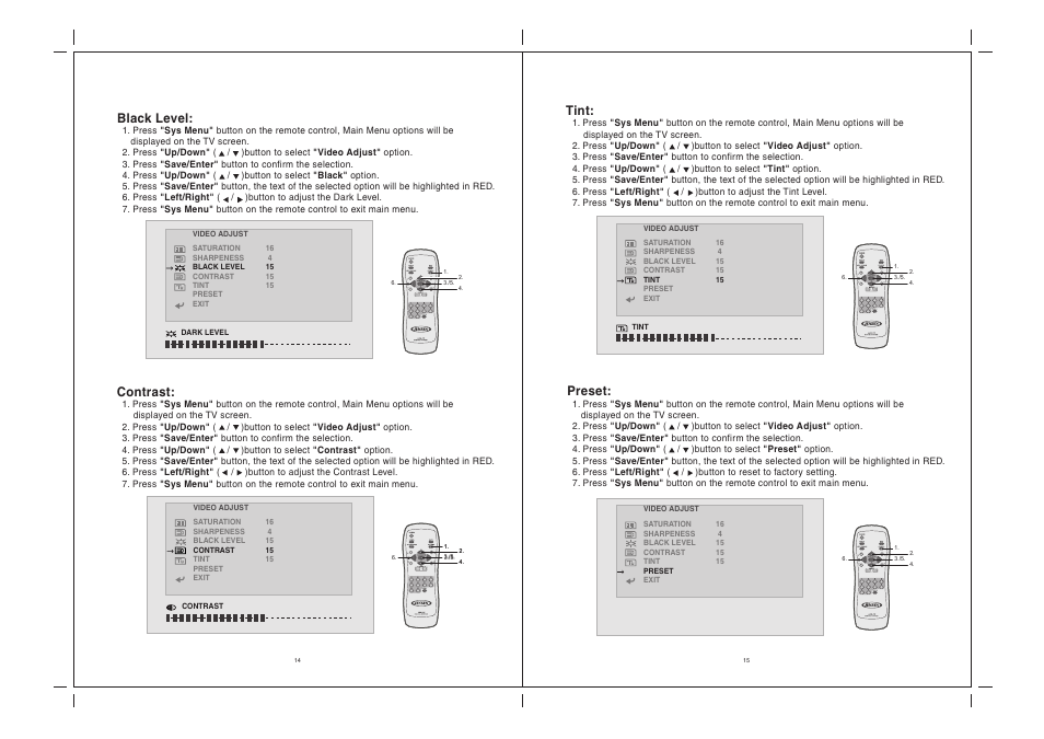 Tint, Black level, Contrast | Preset | Jensen Tools JE2269 User Manual | Page 10 / 17