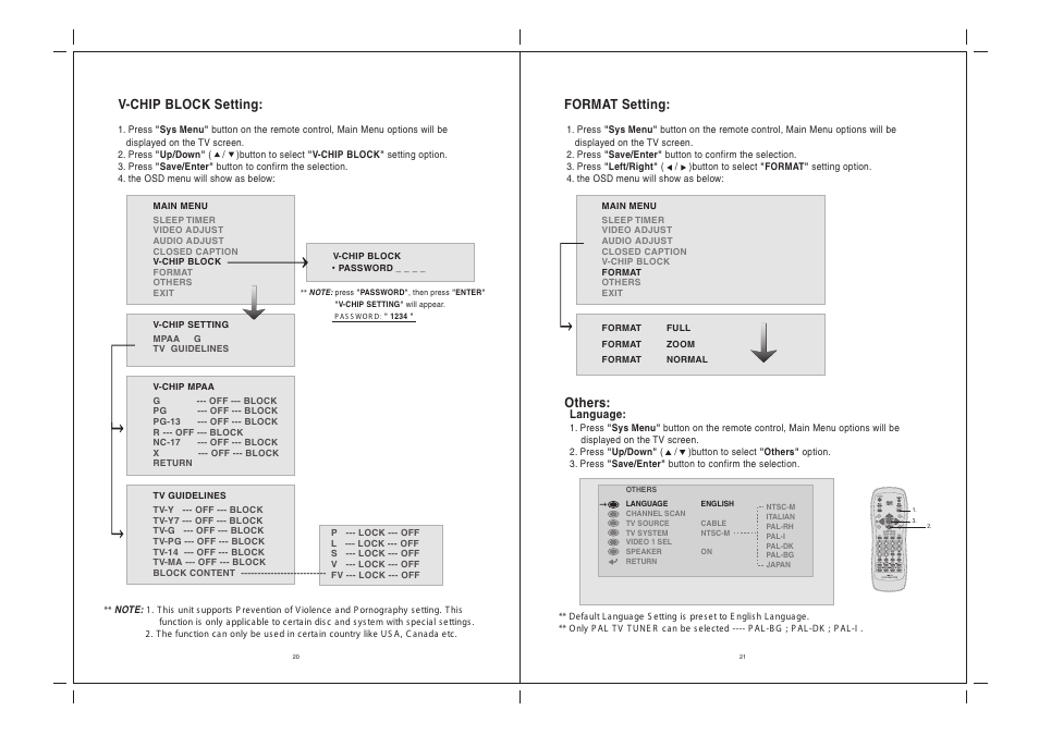 V-chip block setting, Format setting, Others | Jensen Tools JE2269 User Manual | Page 13 / 17