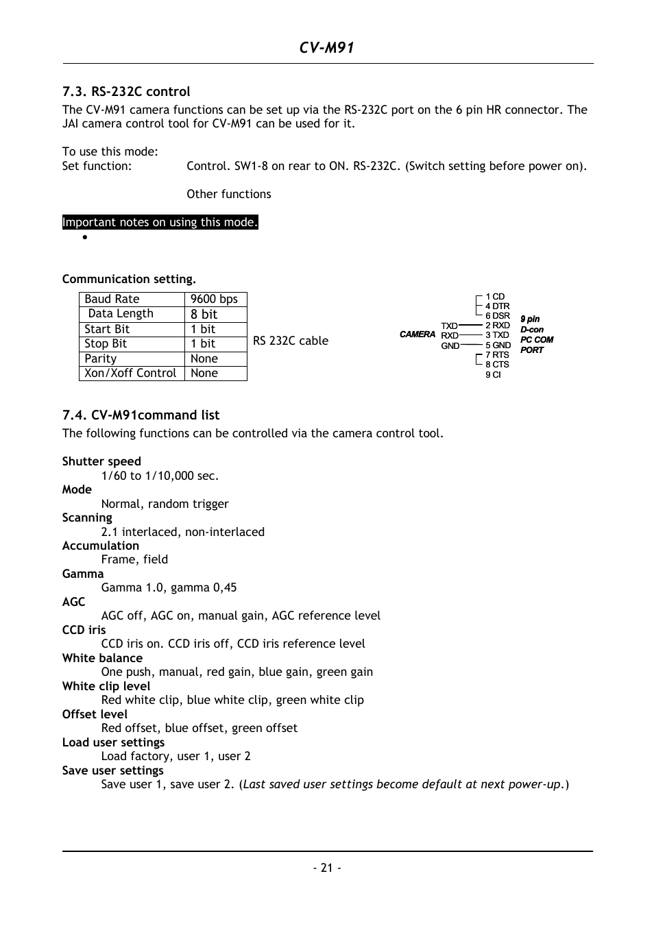 Rs-232c control, Cv-m91command list, Cv-m91 | JAI CV-M91 User Manual | Page 22 / 28