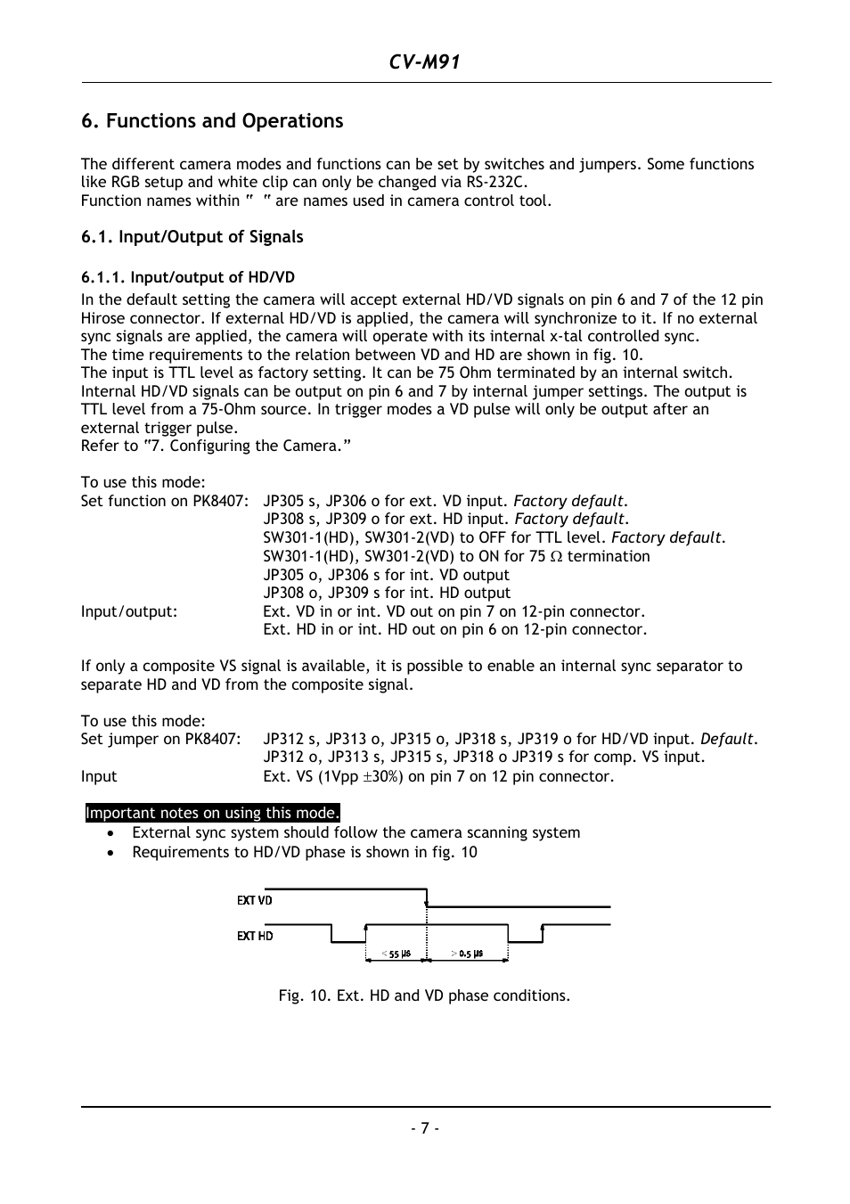 Functions and operations, Input/output of signals, Input/output of hd/vd | Cv-m91 | JAI CV-M91 User Manual | Page 8 / 28